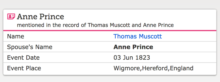 Marriage 1823 Thomas Muscott to Ann Prince in Wigmore