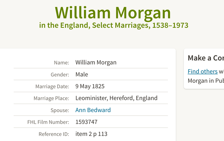 Marriage 1825 William Morgan to Ann Bedward 9th May 1825