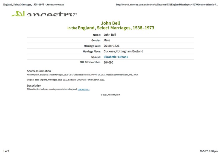 MARRIAGE 1826 John Bell and Elizabeth Fairbank at Cuckney