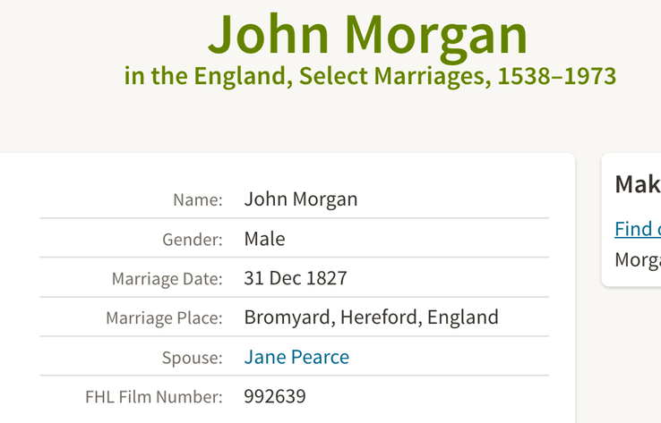 Marriage 1827 John Morgan to Jane Pearce in Bromyard