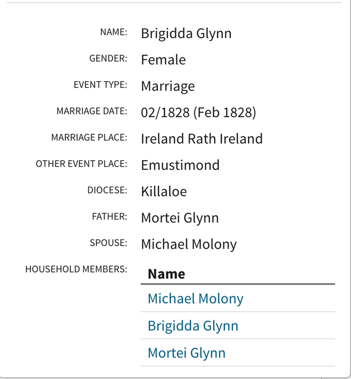 Marriage 1828 Brigidda Glynn to Michael Maloney  father Mortimer Glynn