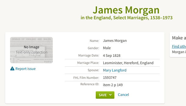 Marriage 1828 James Morgan to Mary Langford same Mary Morgan in Wigmore 1841