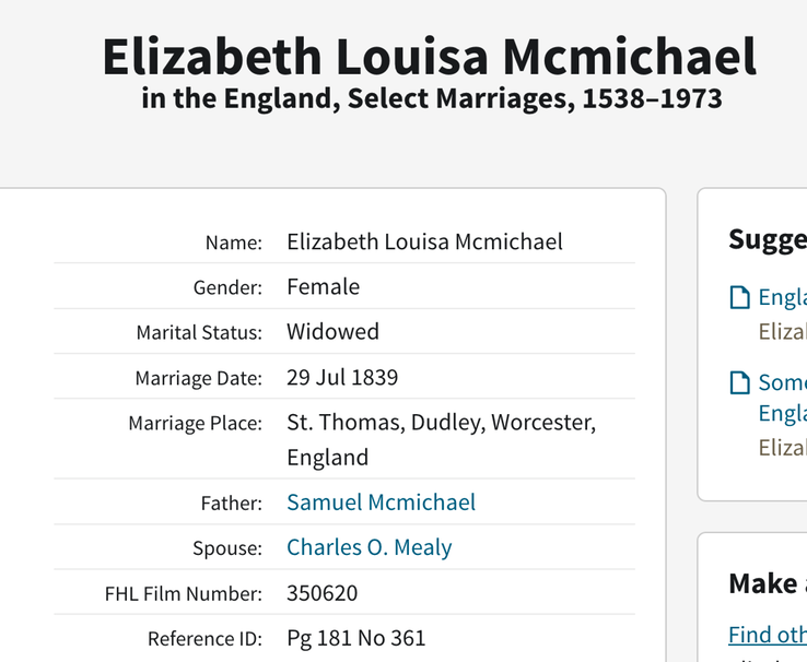 Marriage 1839 Louisa McMichael in Dudley