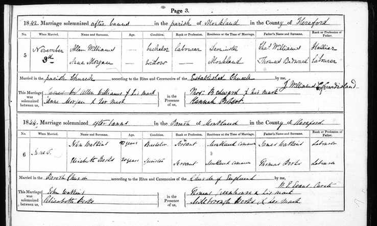 Marriage 1842 Allen Williams to Ann Bedward nee Morgan