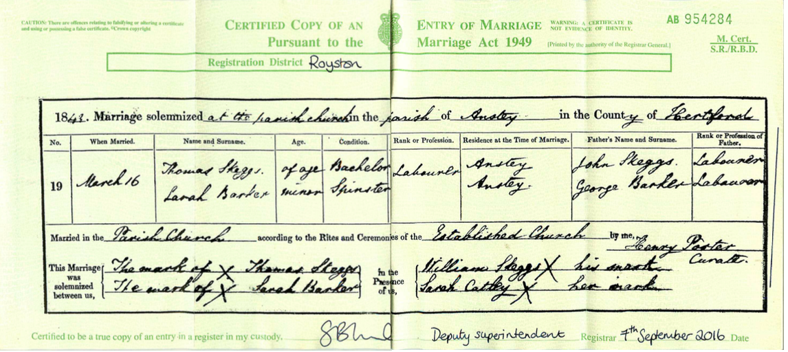 Marriage 1843 Thomas Skeggs to Sarah Barker with John Skeggs