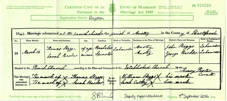 Marriage 1843 Thomas Skeggs to Sarah Barker with John Skeggs father