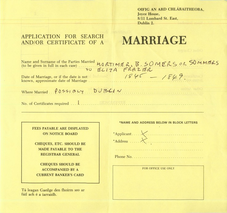 Marriage 1845 Col Somers. Applicarion for certificate for mortimer and Eliza Somers - no result