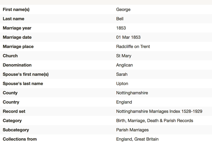 Marriage 1853 George Bell to Sarah Upton in Radcliffe on Trent