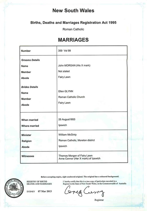 Marriage 1853 John Morgan and Ellen Glynn  ORIGINAL CERTIFICATE