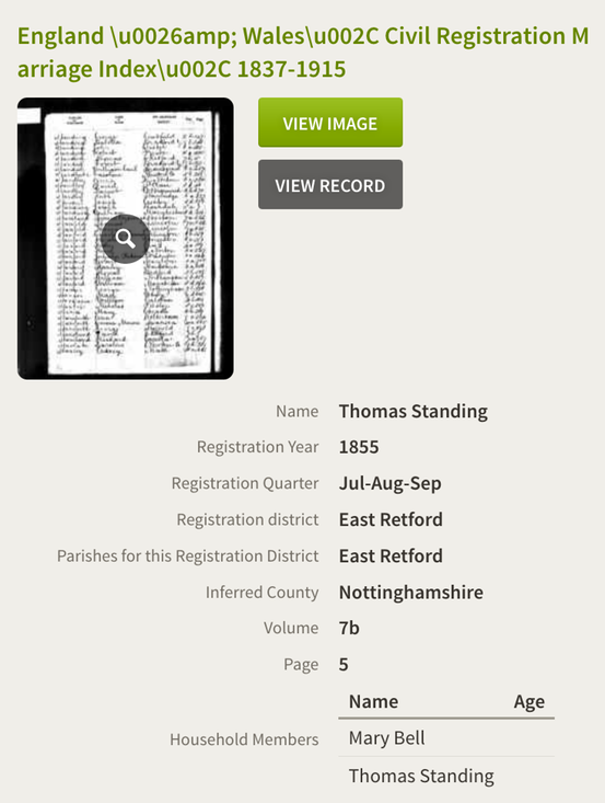 MARRIAGE 1855 Mary Bell to Thomas Standing in Retford (Mary is Johns daughter born Elkesley)