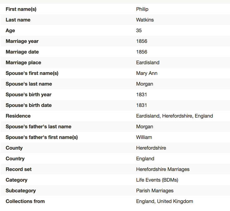 Marriage 1856 Mary Ann Morgan to Philip Watkins in Eardisland copy