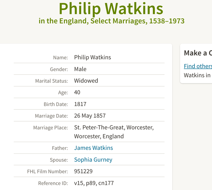 Marriage 1857 Philip Watkins to Sophia Gurney