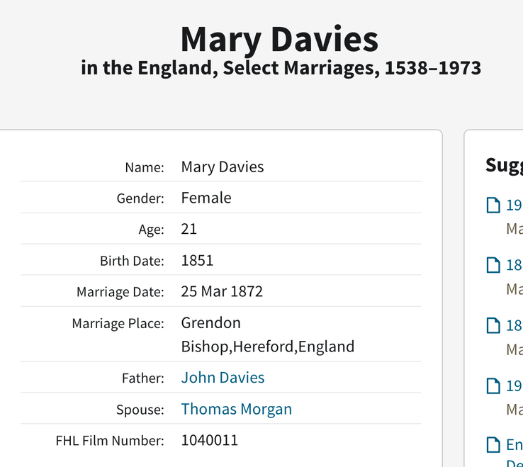 Marriage 1872 Thomas Morgan to Mary Davies, born Sarah Pugh