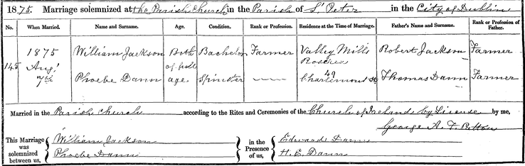 Marriage 1875 William Jackson to Phoebe Dann in Dublin