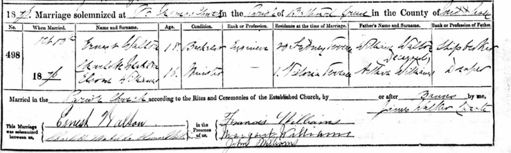 Marriage 1876 Ernest Walton to Charlotte Matilda Elsom Williams in Bethnal Green