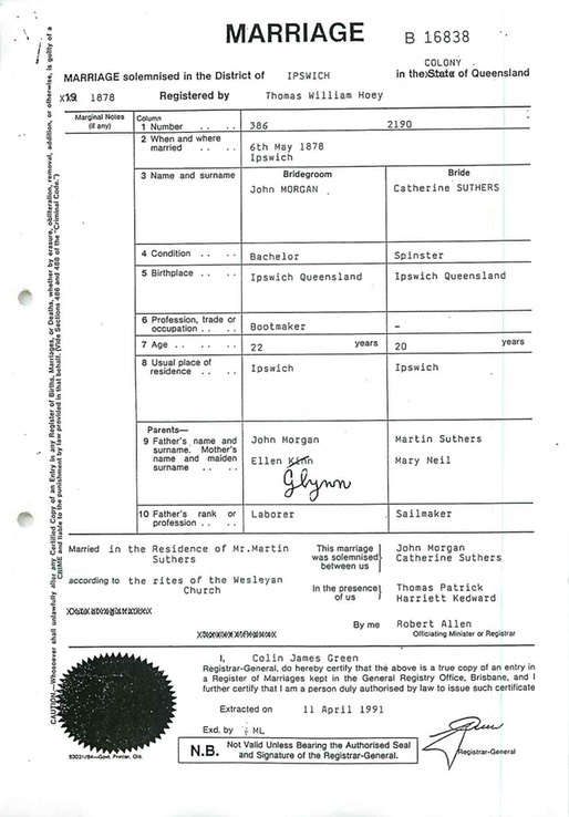 Marriage 1878 6th May John Morgan and Catherine Suthers