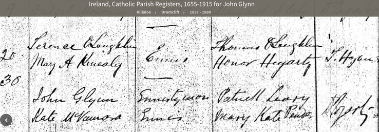 Marriage 1879 John Glynn to Kate McNamara at Drumclift Ennis