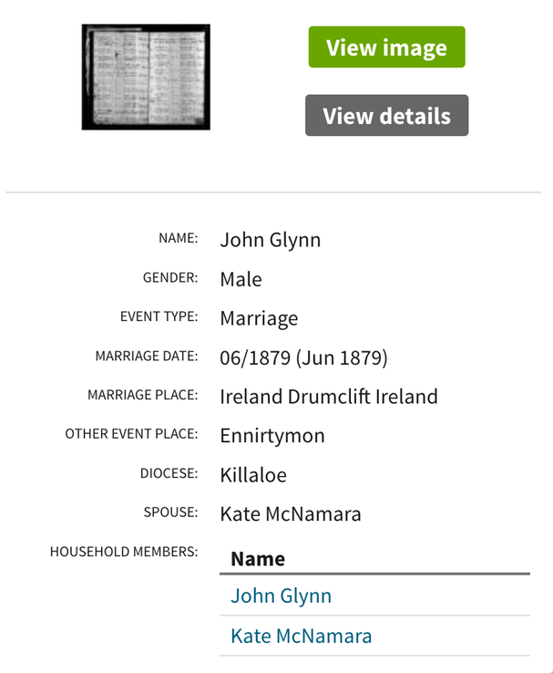 Marriage 1879 John Glynn to Kate McNamara in Drumclift Ireland