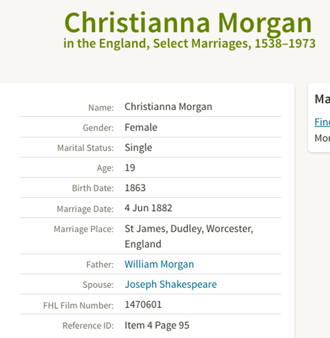 Marriage 1882 Christiann Morgan daughter of William Morgan to Joseph Shakespeare in Dudley