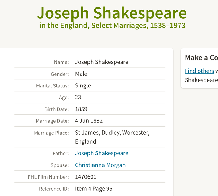 Marriage 1882 Joseph Shakespeare in Dudley, husband of Christianna Morgan daughter of William Morgan from Monkland