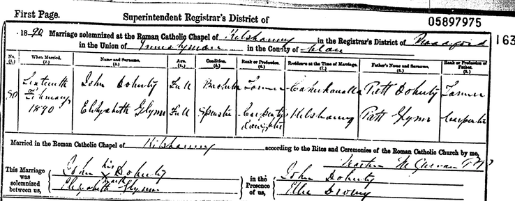 Marriage 1890 Elizabeth Glynn to John Doherty at Kilshanny daughter of Patrick Glynn