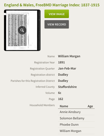 Marriage 1891 William Morgan to Phoebe Dunn in Dudley