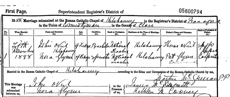 Marriage 1898 Nora Glynn to John O'Neill 5th Nov daughter of Patriuck Glynn at Kilshanny