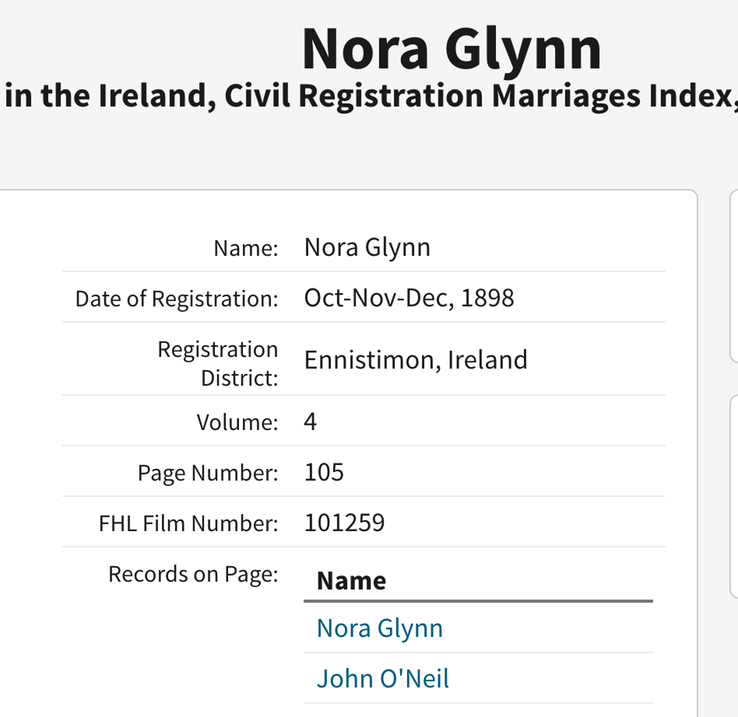 Marriage 1898 Nora Glynn to John O'Neill of Ballinagrave