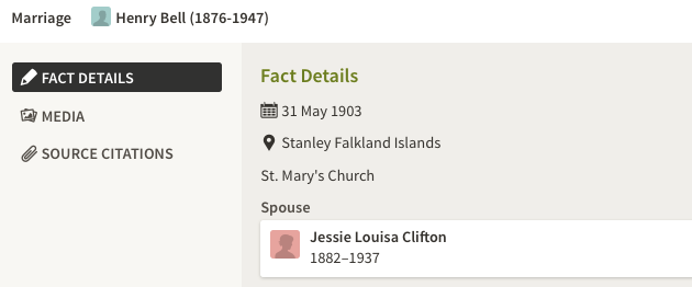 Marriage 1903 Henry Bell to Jessie in Faulkland Islands