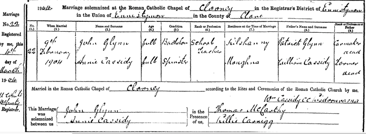 Marriage 1904 John Glynn to Annie Cassidy at Ennistymon son of Patrick Glynn from Fanaleen