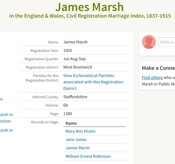 Marriage 1905 James Marsh to Mary Ann Hickin in West Bromwich