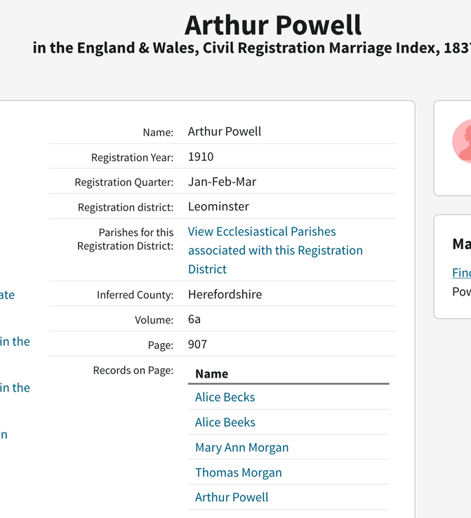 Marriage 1910 Mary Ann Morgan to Arthur Powell