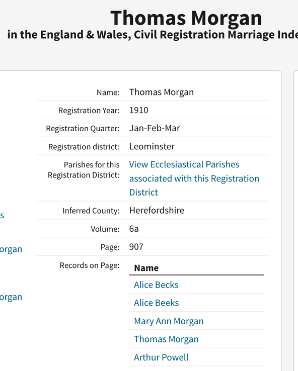 Marriage 1910 Thomas Morgan (Grandson of Monkland Thomas Morgan) to Alice Beeks 