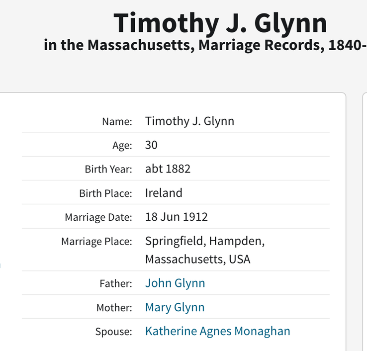 Marriage 1912 Timothy J Glynn to Katherine Agnes Monaghan