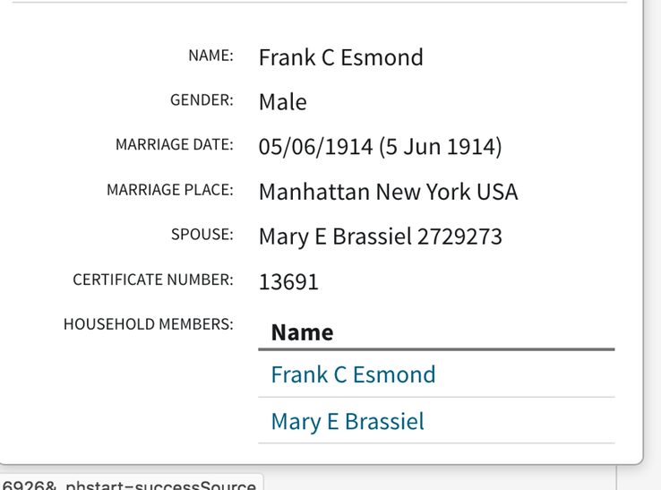 Marriage 1914 Mary E Brassiel and Frank c Esmond Mary us daughter of Ellen Glynn