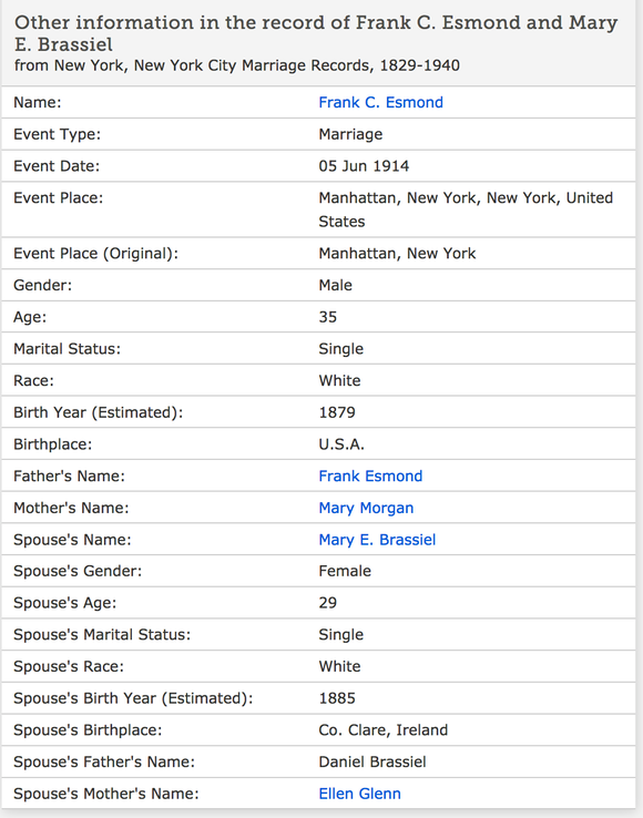 Marriage 1914 Mary E Brassiel to Frank C Esmond in New York