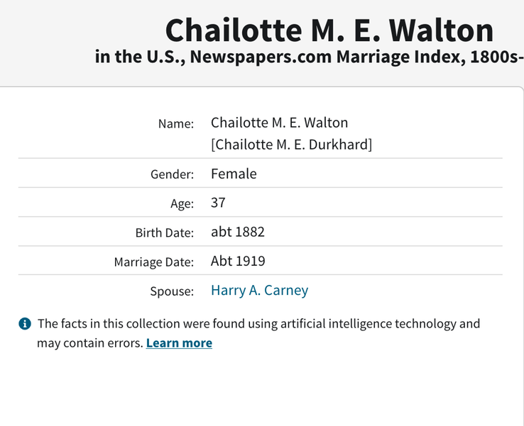 Marriage 1919 Charlotte ME Walton to Harry Carney in USA