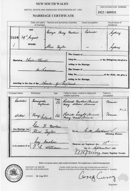 Marriage 1923 29th August Mary Alice Taylor and George Henry Newton