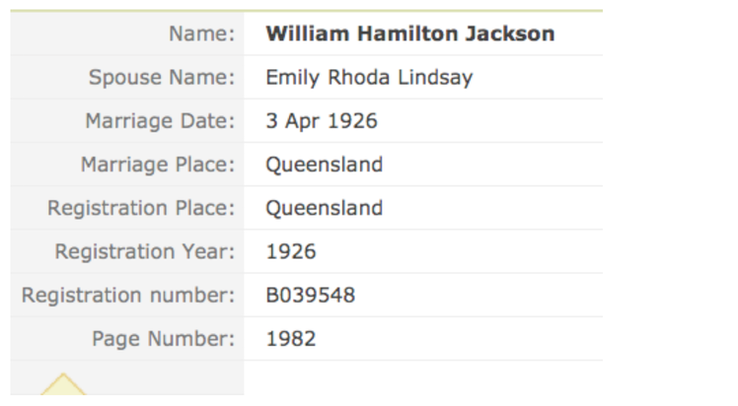 Marriage 1926 William Hamilton Jackson to Emily Lindsay