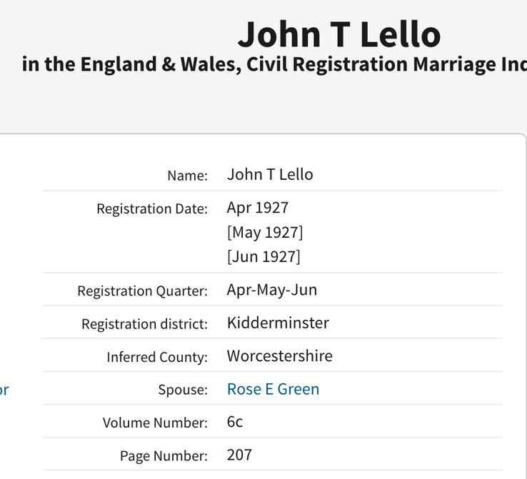 Marriage 1927 John T Lello to Rose E Green in Kidderminster