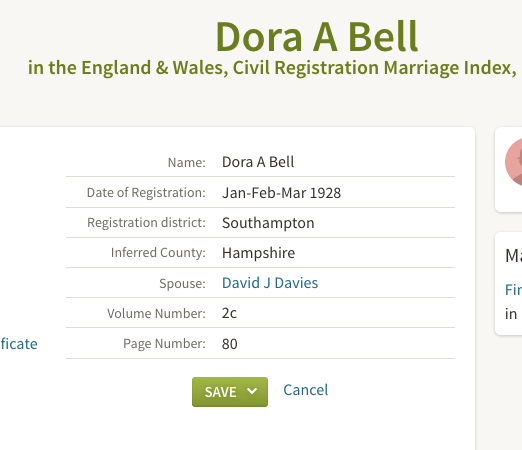 Marriage 1928 Dora Bell (Ralph Bell's wife) to David Davies