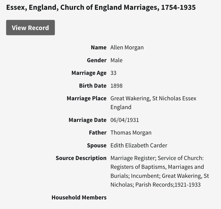 Marriage 1931 Allen Morgan to Edith Elizabeth Carder in Great Wakering Essex