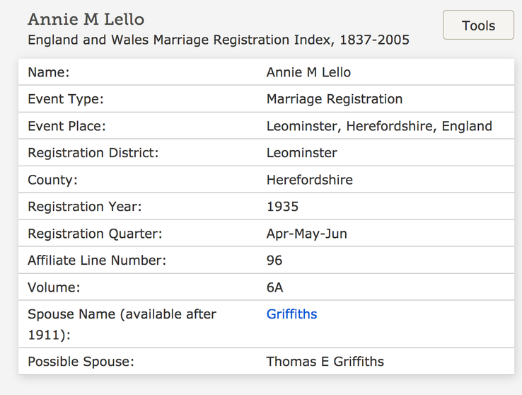 Marriage 1935 Annie M Lello to Thomas E Griffiths