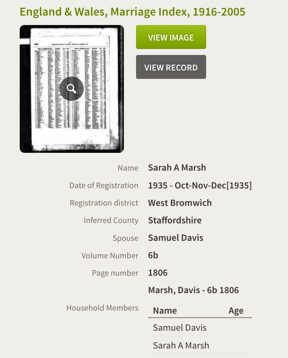 Marriage 1935 Sarah A Marsh to Samuel Davis in West Bromwich