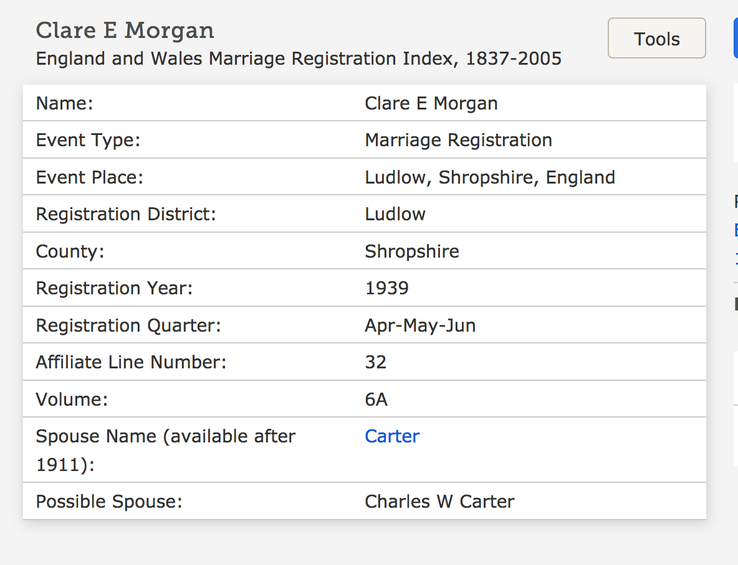 Marriage 1939 Clara E Morgan to Charles W Carter in Ludlow