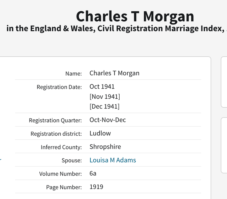 Marriage 1941 Charles T Morgan to Louisa M Adams