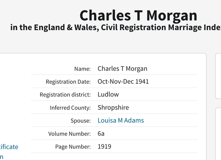 Marriage 1941 Charles Thomas Morgan to Louisa M Adams