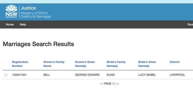 Marriage 1941 George Edward Bell (born approx 1921, son of George and Georgina Bell) to Lucy Isabell Dunn