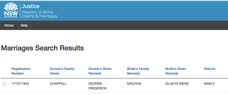 Marriage 1943 George Frederick Chappell (son of Jessie Chappell nee Bell) to Irene Gladys Machon