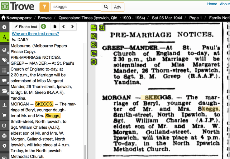 Marriage 1944 Beryl Skeggs to Charles Morgan 25th March 1944